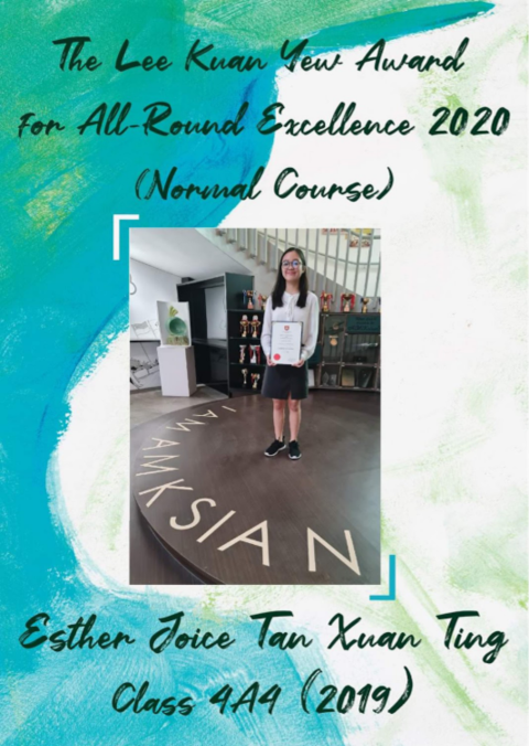A girl holding a certificate stands indoors, recognized with the Lee Kuan Yew Award for All-Round Excellence 2020.